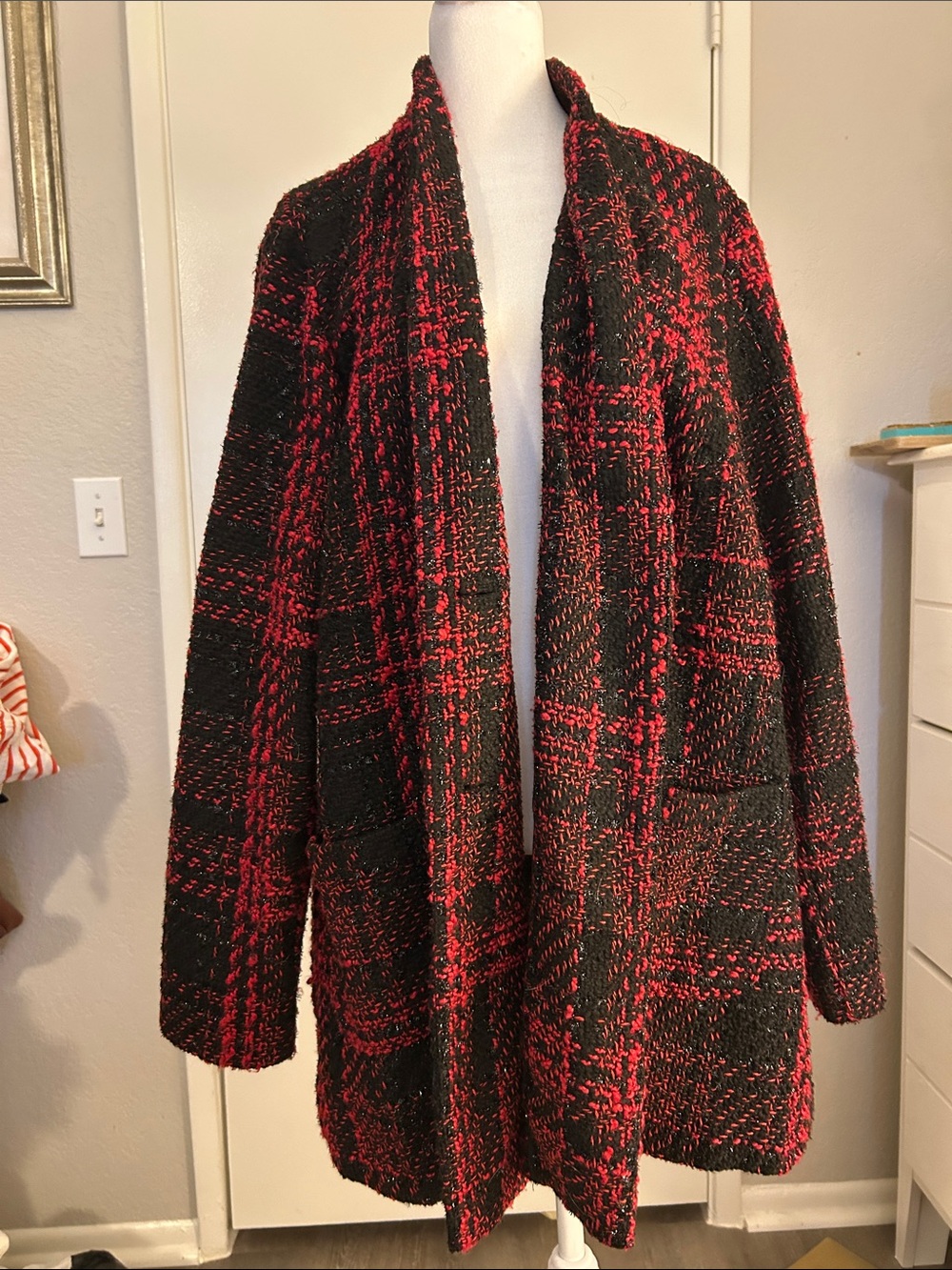 Lane Bryant Open-Front Bouclé Cardigan Coatigan in Black and Red